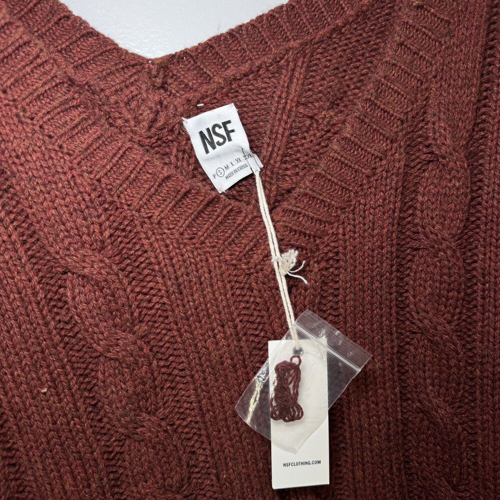 NWT NSF Cable Knit Off Shoulder Brown Distressed Ripped Sweater Sz S - Picture 3 of 6
